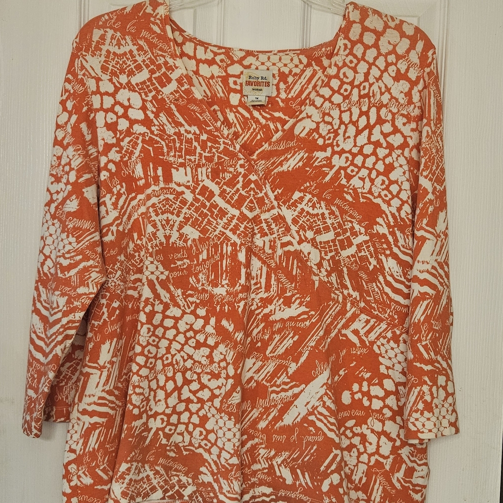 Ruby Rd. Women's Orange and White Patterned 3/4 Sleeve Blouse Top.  Size 1X